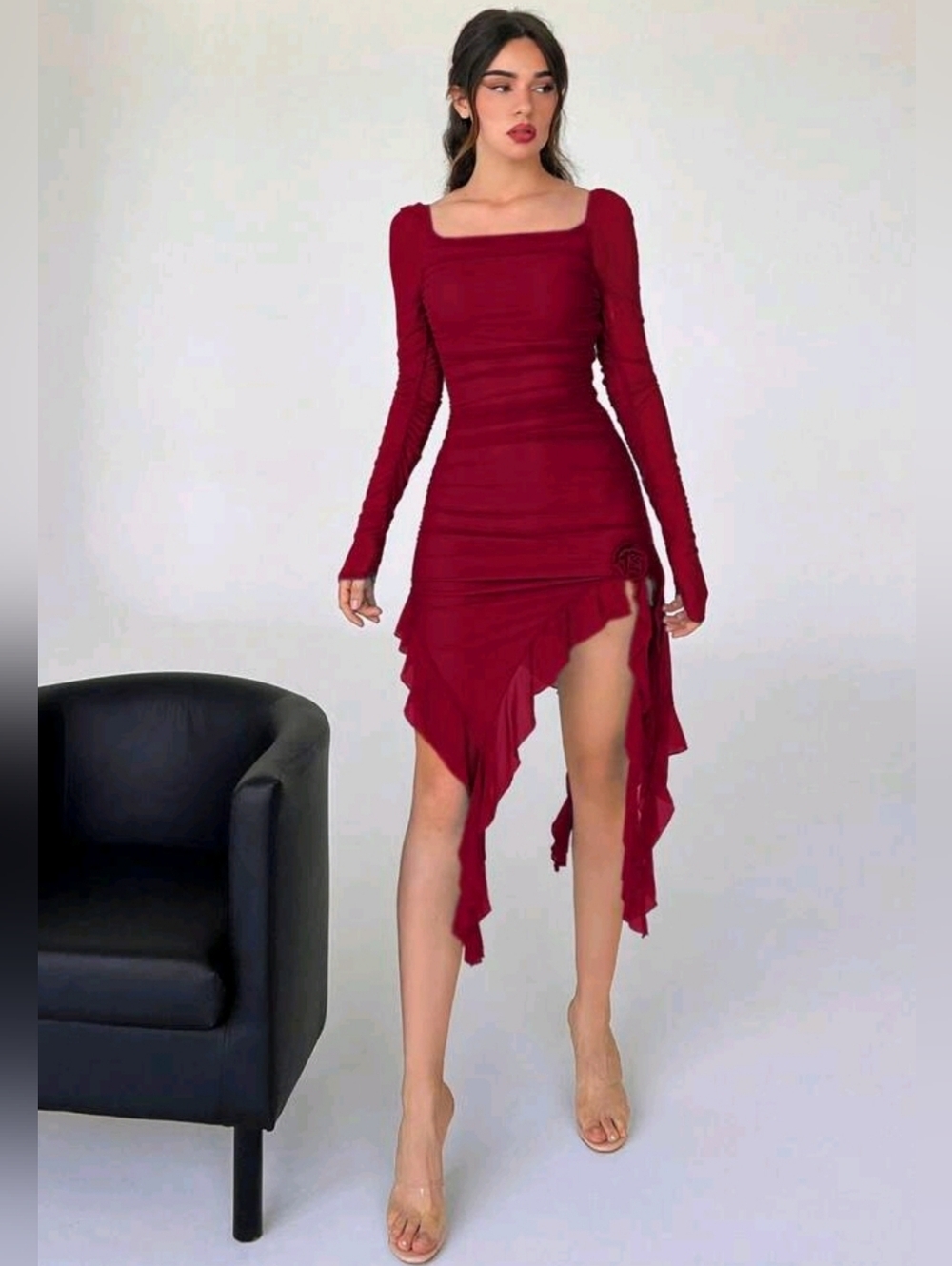 Red Ruffle Dress Bodycon Party Cocktail Evening Asymmetric Size L